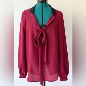 Elegant Dark Red Long Sleeve Tie Front Blouse